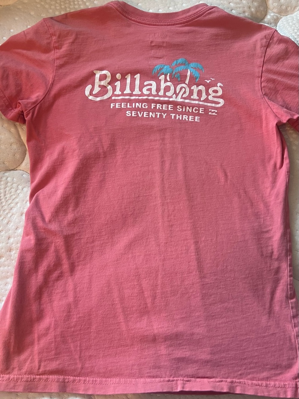 Billabong Pink Tee with White Logo and Blue Palm Graphic